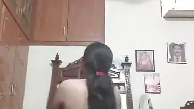 Long hair wife shows naked body curves in shyness